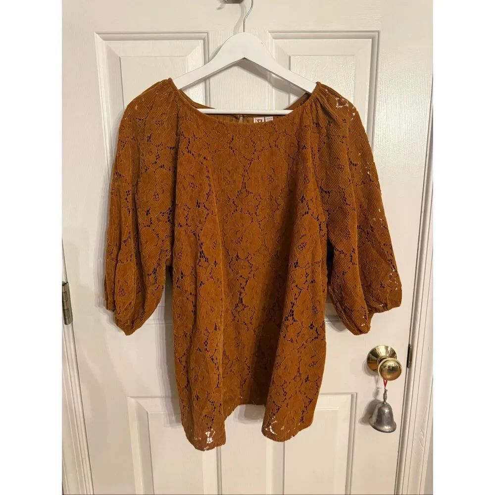 Anthropologie Dolan Rust Velvet Ribbed Unique 3/4 Sleeve Top sz 1X EUC